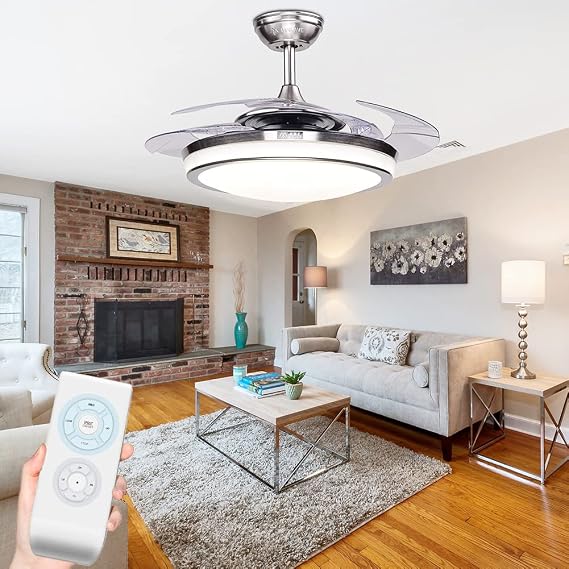 42 Inch Fandelier Ceiling Fan Light with Remote Control, Retractable Fan Blade Chandelier Fan with Silent Motor