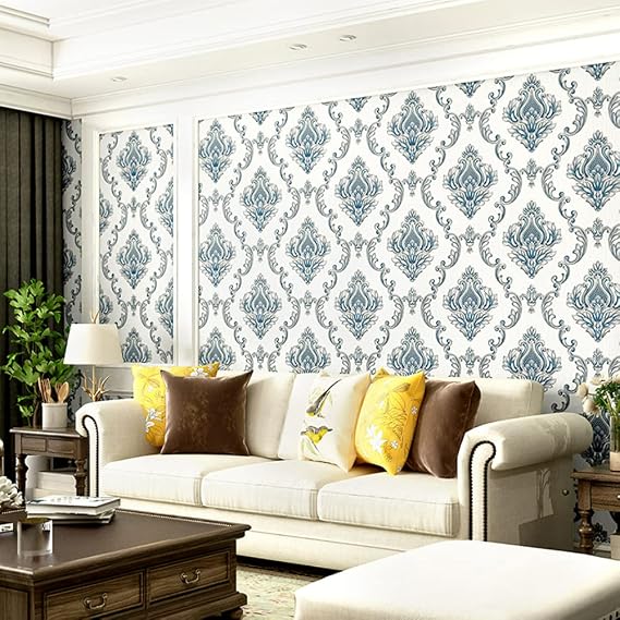 Q QIHANG European Style 3D Damask PVC Wallpaper Living Room Bedroom TV Background Wall 20.87" Wx393.7 L Non-Pasted (Cream)