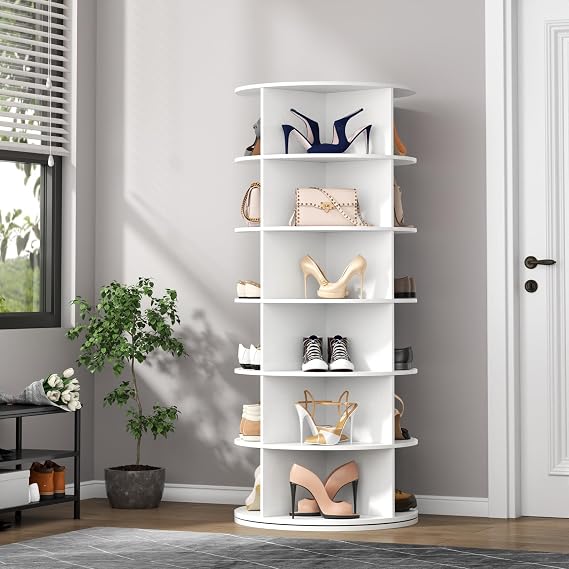 Gyfimoie Rotating Shoe Rack, 6-Tier Spinning Shoe Tower, Free Standing 360Revolving Shoe Storage Organizer Lazy Susan Shoe Rack for Entryway Living Room Hallway... (Cream White)