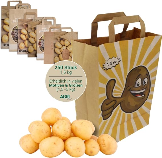 AGRI plus Kartoffeltüten Happy Potato 15 kg I 250 Stück I Biologisch abbaubare Papiertragetaschen in 180 x 80 x 220 mm I Robuste Kartoffeltragetaschen aus 90 g/m² Kraftpapier