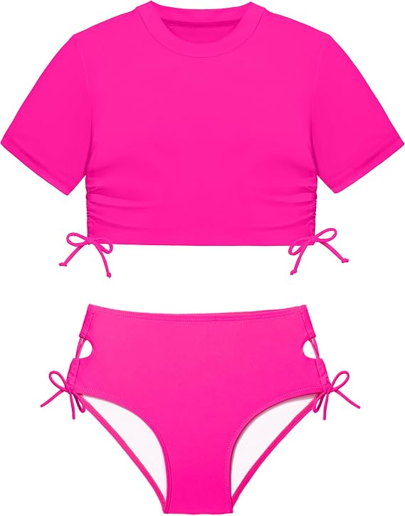 CRISONE Girls Swimsuits Short Sleeve Bathing Suit Solid 2 Piece Drawstring Swimwear