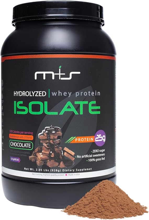 M+S Whey Protein Isolate Powder, 25g Protein, Chocolate, Grass Fed | Hydrolyzed formula with 0g sugar and low carbs to support muscle recovery. Sweetened with stevia; 2.05 lb container.