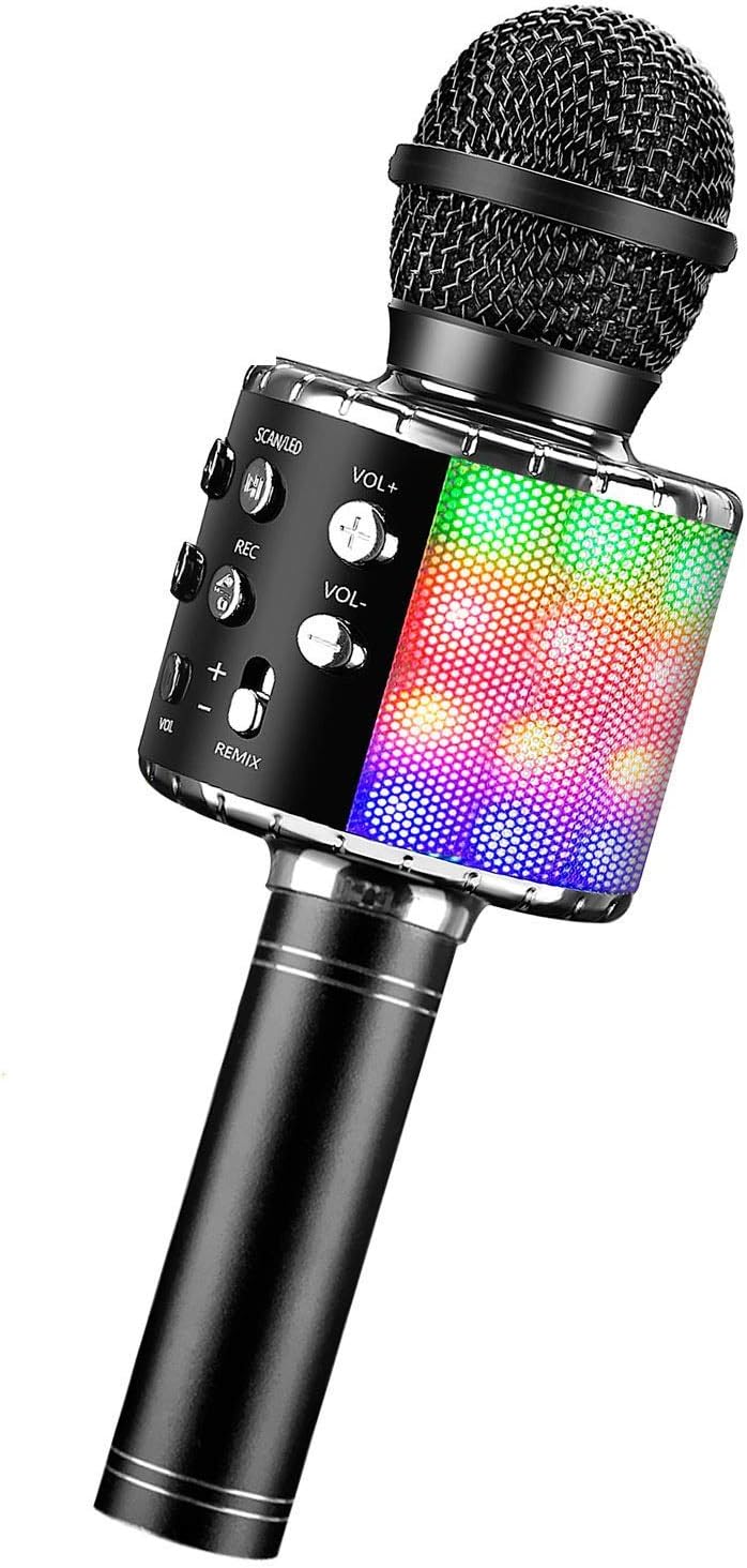 ShinePick Karaoke Bluetooth Mikrofon 5 in 1 Aufnahme & Gesang Mikrofon für Kinder Erwachsene tanzende LED-Lichter Karaoke-Maschine kabelloses Mikrofon für Telefon/Pad/TV (schwarz)