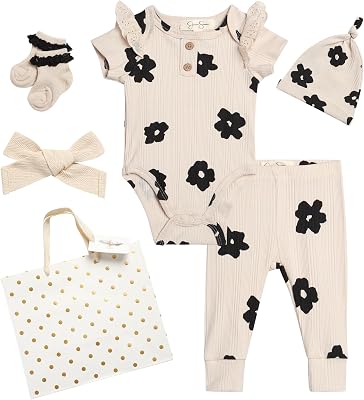 Jessica Simpson Baby Girl Layette Set - 4 Piece Newborn Baby Girl Outfits with Onesie Bodysuit Baby Pants Hat & Socks 0-9M