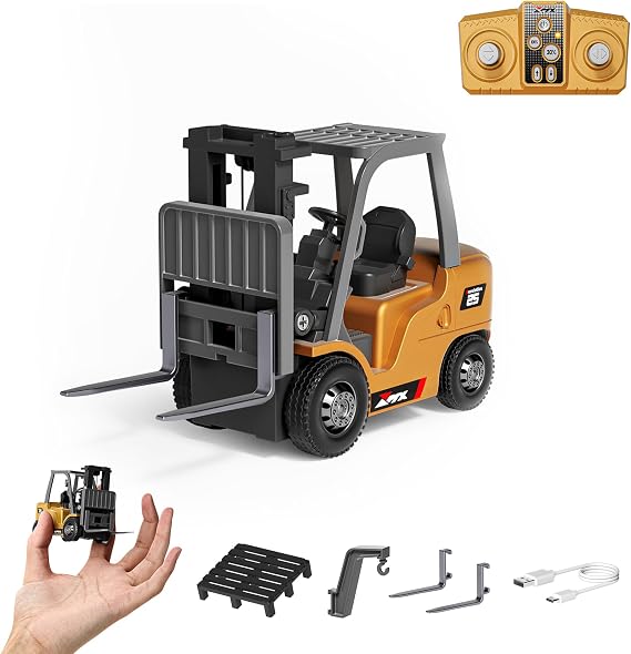 BRRRRT 1/64 RC Forklift Toy 7 Channel 2 Mode Mini Remote Control Forklift Truck with Rechargeable Battery, 2 in 1 Transformable Lift Fork & Hook