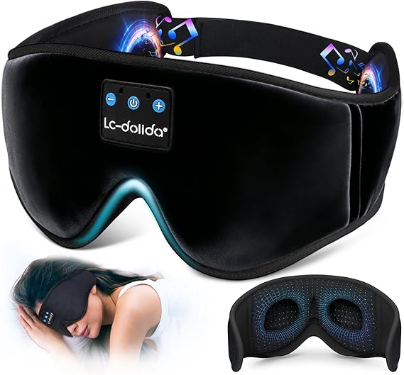 LC-dolida Sleep Headphones, 3D Sleep Mask Bluetooth Wireless Music Eye Mask, Sleeping Headphones for Side Sleepers Sleep Mask with Bluetooth Headphones Ultra-Thin Stereo Speakers Perfect for Sleeping