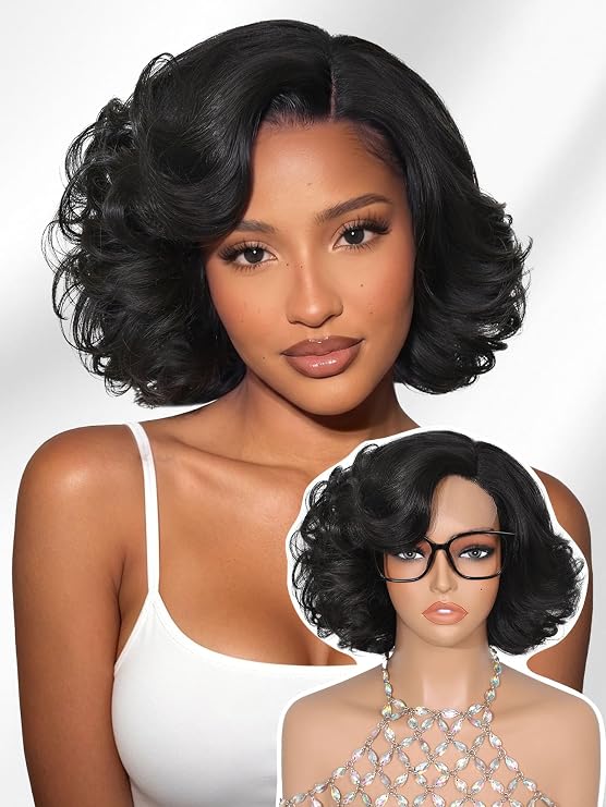 WIGNEE Side Part Short Curly Bob Wig Synthetic Wigs for Women,10 Inch,Black | Heat-Resistant Synthetic Fiber,Shake&Go Glueless Wig,Elegant Bouncy Curl,Neat 10 Short Wig,Perfect For Summer Wear