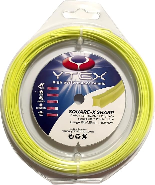 YTEX Square-X Sharp Tennis String, Lime, Carbon Co-Polyester, 18g/1.15mm, 40ft/12m, High Performance