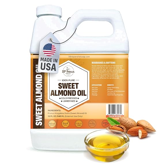ORGANIC SWEET ALMOND OIL (32 oz) Premium Cold Pressed Unrefined | 100% Pure Sweet Almond Oil for Skin, Face, Hair, Soap Making | Carrier for Essential Oils | Available in Bulk | 32 FL OZ