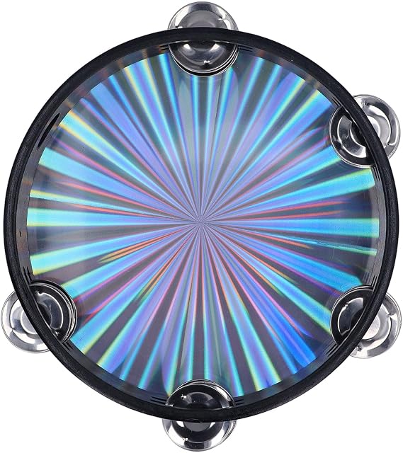 Brilluxa Handheld Tambourine, 10 Inch Double Row Jingle Drum and Bell Shaker with Reflective Drum Head for Children Adults Dancing Prayer KTV and Group Music Rhythm Activities