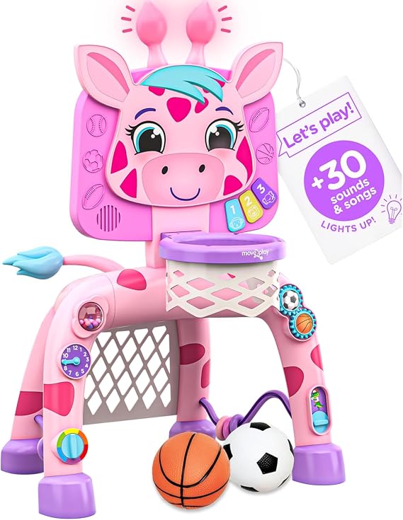 Move2Play, Giraffe Basketball Hoop & Soccer Goal Activity Center | 30+ Sounds & Lights | 1, 2, 3+ Year Old Gift & Birthday Present | 6, 12, 18, 24+ Month Toy for Baby, Toddler, Boys, Girls