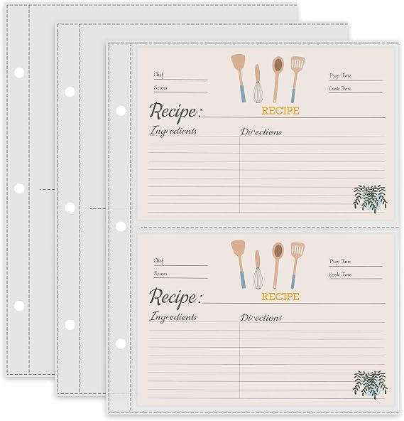 50 Pack Recipe Card Page Protectors, Page Size 6.8 x 8.7 in