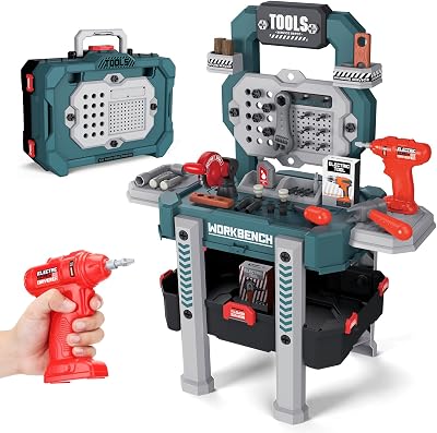 Kids Tool Bench Set with Electric Drill and Realistic Tool, Play Kids Workbench Toy, Construction Workbench Playset Toy for Toddler 3-5, Easy Set up, Boys and Girls Toys, Green, Large Size