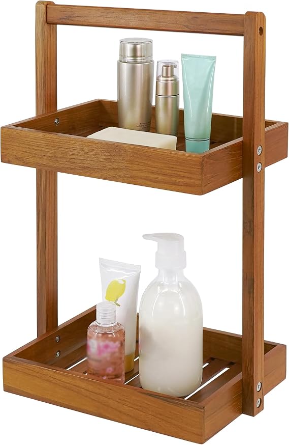 Utoplike Teak Wood Shower Caddy Corner, 2 Tier Bathroom Organizer Countertop, Standing Shower Rack with Handle, Stand Up Shower Basket for Shampoo, Shelf Rack for Inside Shower, Kitchen Desktop | Solid Shower Organizer with Handle, Stand Up Shower Basket for Shampoo, Shelf for Inside Shower, Kitchen Desktop