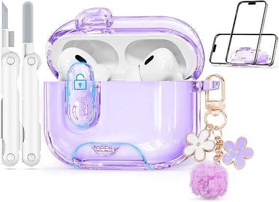 for AirPods Pro 2nd 1st Case with Safety Lock,Clear Purple