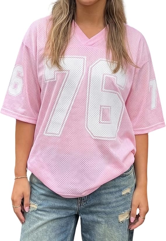 Women's Oversized Jersey Shirts Y2k V Neck Graphic Number Tees Short Sleeve Summer Casual T-Shirt Tops Streetwear