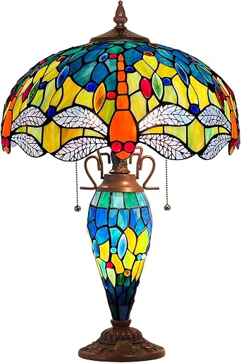 Capulina Tiffany Lamp Stained Glass Table Lamp 3-Light 16x16x24 Inches Mother-Daughter Vase Blue Orange Dragonfly Tiffany Style Desk Lamp for Bedrooms Living Room Study Home Office
