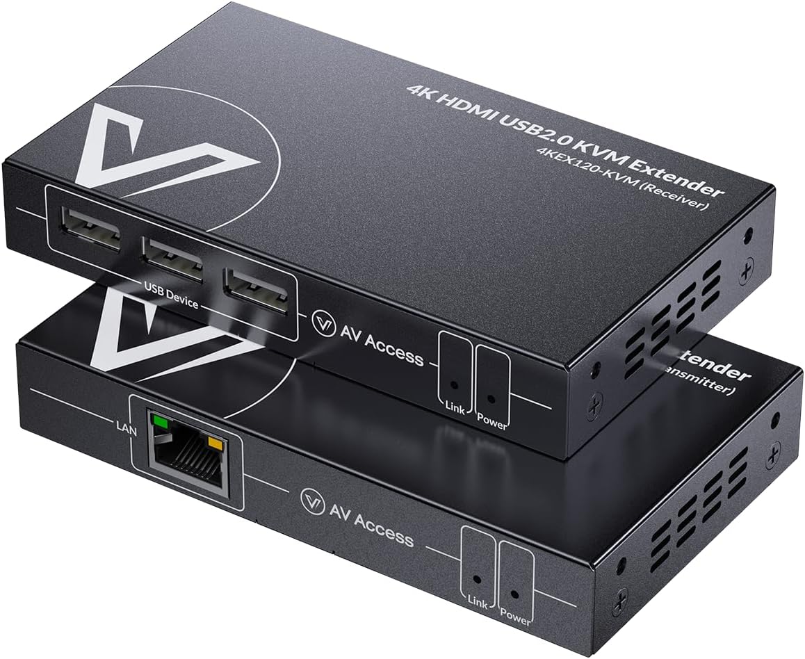 AV Access 4K HDMI KVM Extender, 120m394ft Ethernet Extender Over Cat5e6, 1080P@120Hz, 3X USB 2.0 Ports, Zero-Latency, Plug and Play, KVM Webcam Extender for Gaming, Data Centers & Classrooms
