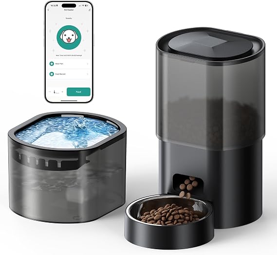 Automatic Cat Feeder and Water Dispenser, 2-in-1 Pet Feeder Automatic with Timer, 3 L Dry Food Feeder, 2.5 L Water Fountain with APP 2.4G WiFi, 1-6 Meal, Stainless Steel Bowl for Cats and Dogs