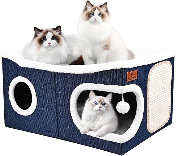 Extra-Wide Cat Beds for Indoor Cats, Large Cat Cave Bed with Scratch Pad and Fluffy Ball, Foldable Cat Hideaway with Reversible Cushion for Multi Small Pet Large Kitty, 60D x 43W x 32H cm, Blue
