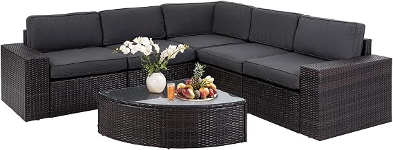 6 Pieces Outdoor Sectional Sofa Patio Wicker Furniture Chair Conversation Set with Tempered Glass Table and Cushion, Grey