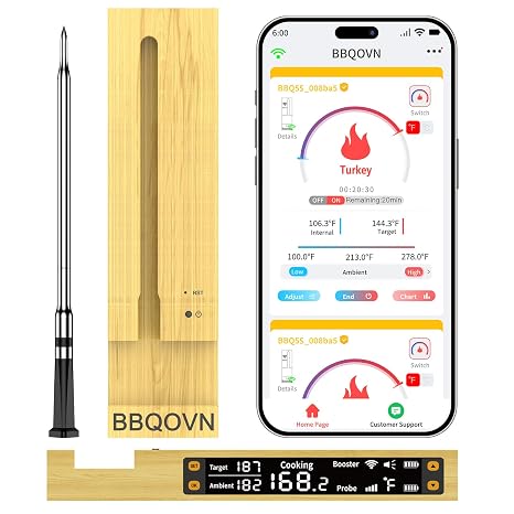 Premium WiFi sub-1G Wireless Meat Thermometer with Unlimited Range, 7 NIST-Certified Sensors, IP68 Waterproof, APP& Smart Magnetic Digital Base for BBQ, Grill, Oven & Smoker