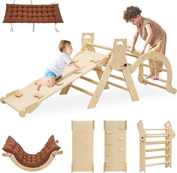 Large Foldable Toddler Climbing Toys Indoor Jungle Gym, Pikler Triangle Set with Cushion, S-lide and Arch, 7-in-1 Montessori Climbing Set(1.5-5yrs)