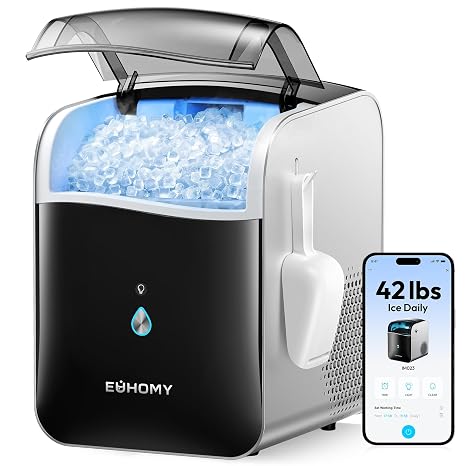 EUHOMY Smart Nugget Ice Maker Countertop, 42lbs/24H, Ready in 7 Mins, Portable Sonic Ice Maker with APP/Alexa Control, Self-Cleaning, Pebble Ice Makers with Hanging Ice Scoop for Home/Office