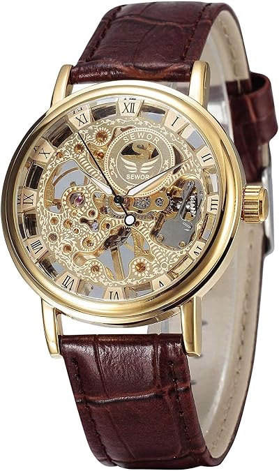 SEWOR Men's Mechanical Skeleton Transparent Vintage Style Leather Wrist Watch