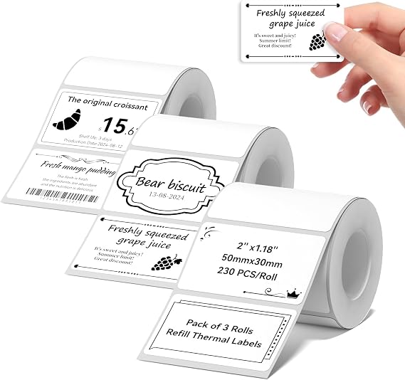 NIIMBOT B1/B21/B3S K3 Labels, 3 Rolls, 2'' x 1.18'' (50x30mm), Food & Personalized Labels for Home/School/Office
