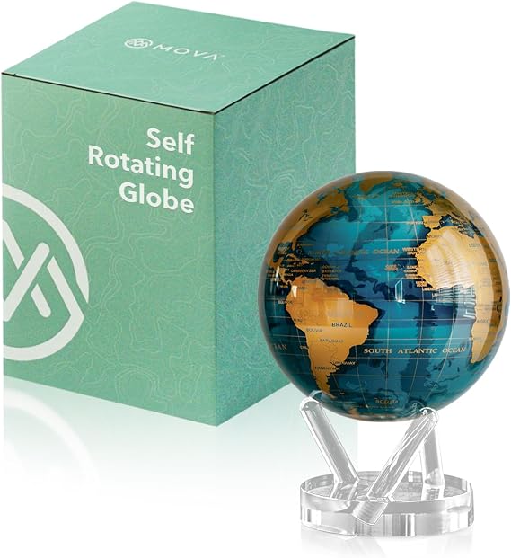 MOVA Self Rotating Globe, Cerulean Blue and Gold Signature (6") | solar powered globe, no batteries or cords, gift for geography lovers, premium kinetic display, office desk decor