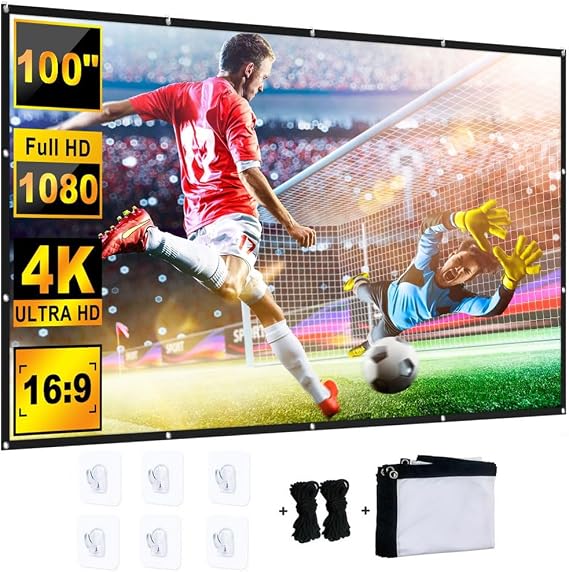Projector Screen 100 Inch, Indoor Outdoor Projector Screen with 16:9 HD 4K Screen, Portable Foldable Projection Screen Projections Movies Screen for School Home Theatre Cinema Office Party