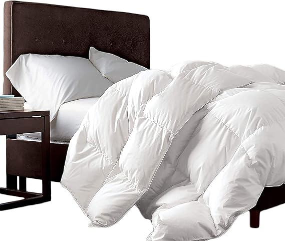 Luxurious Twin/Twin XL Size Goose Down Fiber Waterfowl Feather Fiber Comforter Duvet, 100% Egyptian Cotton Cover, 50 oz. Fill Weight, Baffle Box Design, White Solid