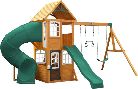 KidKraft Serpentine Falls Wooden Outdoor Swing Set with Mailbox | Play Kitchen, Weather-Resistant Wood, 2 Swings, 2 Slides, Play Phone, Rock Wall