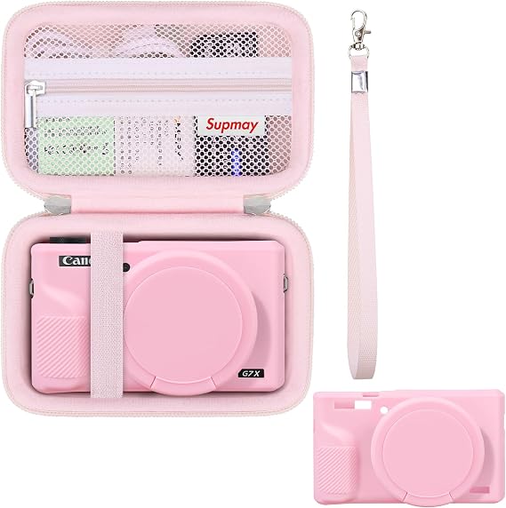 Case for Canon PowerShot G7 X Mark III Digital Camera, Soft Silicone Protective Cover *1 + Hard Case *1, G7X Mark 3 Camera Case with Removable Lens Cover, with Strap, Jelly Pink