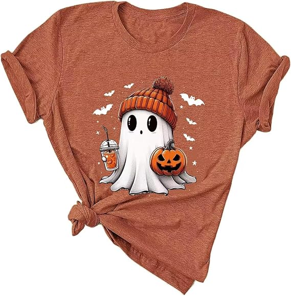 Halloween Shirts for Women Novelty Pumpkin Graphic Print Thanksgiving Fall Tee Tops