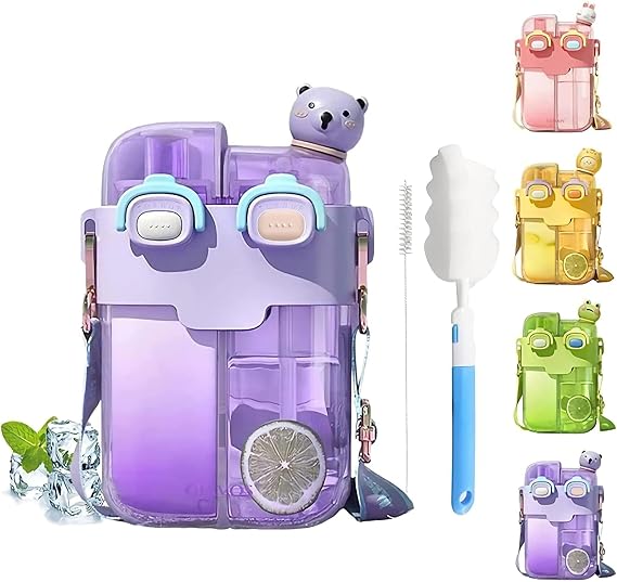 Kawaii Water Bottle with Straw, BPA-free Cute Water Bottles with Kawaii 3D Stickers, Portable Double Chamber Bottle with Leakproof Cap and Adjustable Strap, 26 oz