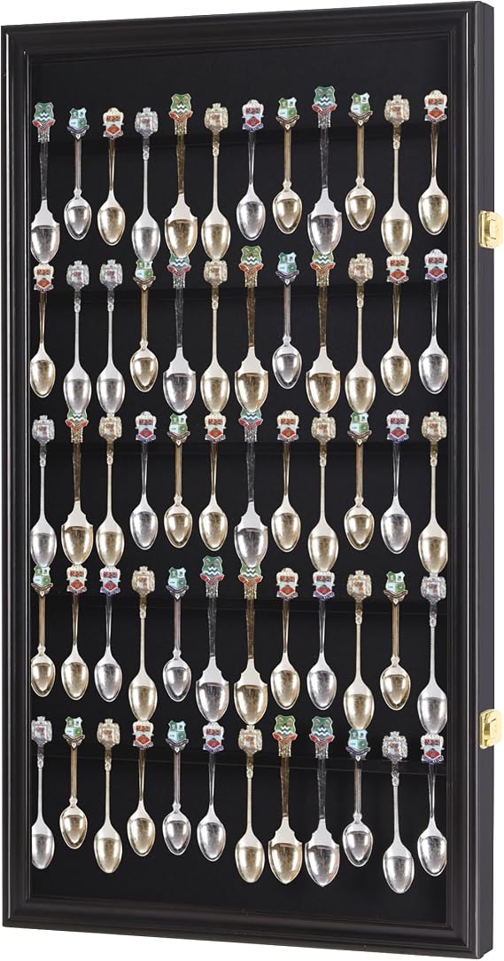 DisplayGifts 60 Souvenir Spoon Tea Spoon Display Case Rack Holder Wall Cabinet Frame, UV Protection, Lockable Door (Black Finish)