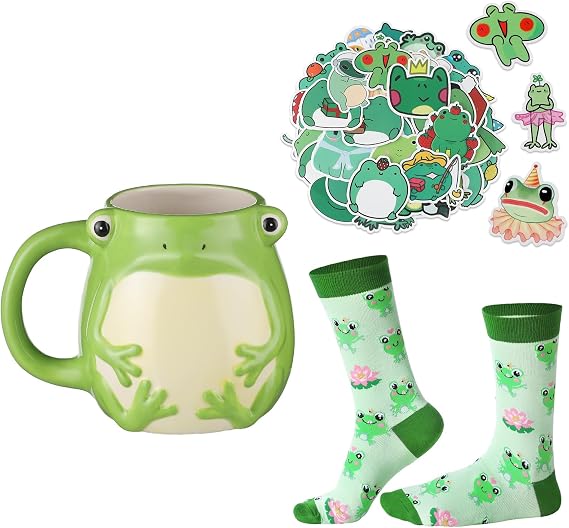 Yaomiao Frog Gifts Set for Women, 450ml/15oz Frog Coffee Mug with Handle, Novelty Socks Stickers for Women Birthday Holidays Party Favors