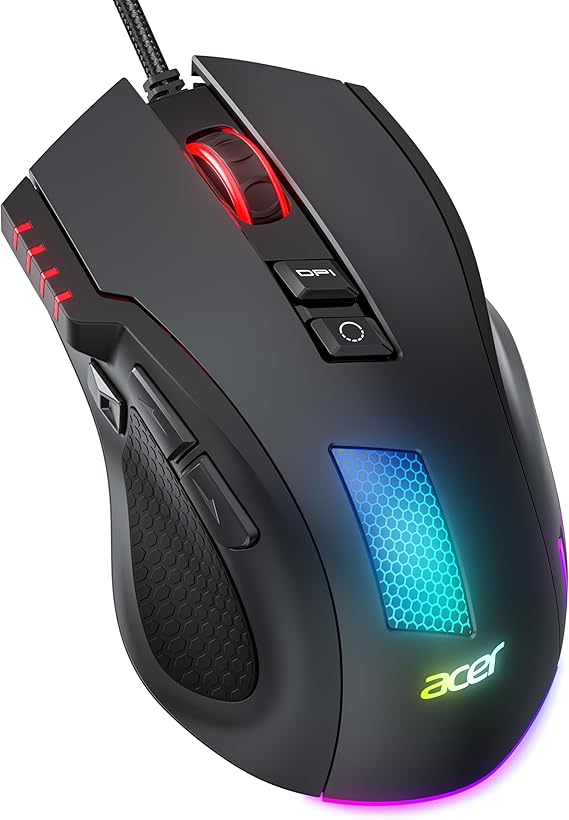 Acer Gaming Mouse with Cable 12800 DPI Wired Computer Mouse Gaming with Driver 1000Hz Query Rate and 8 Programmable Buttons Quick Fire Button and RGB Lights PC Mouse Gaming Ideal for PC/Laptop