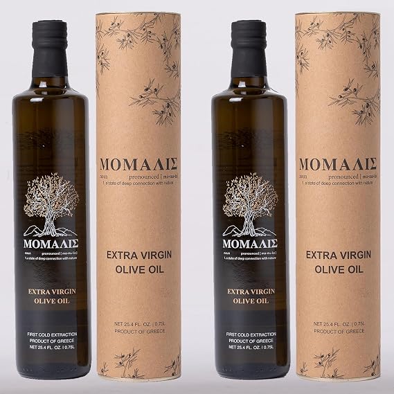 Momalis Extra Virgin Olive oil 25.4 Fl Oz PACK OF 2 - Premium, from Greece, Unblended Koroneiki Olive, Latest Harvest, Beautiful Glass Bottle, Spill Free Pour Spout