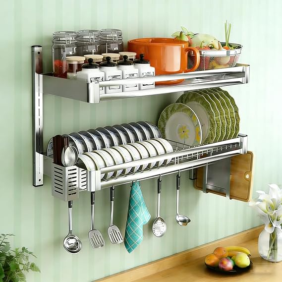 Wall Mounted Dish Rack Hanging Dish Drying Rack Stainless Steel 2 Tier Kitchen Bowl Holder with Drain Tray Chopsticks Cage Knife Holder, Kitchen Utensils Storage Shelf (23.6x11.8x19.7in)