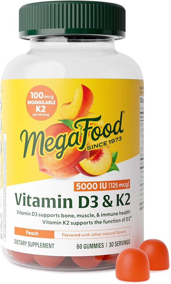 MegaFood Vitamin D3 K2, Bone, Muscle & Immune Health, Peach, 60 Gummies