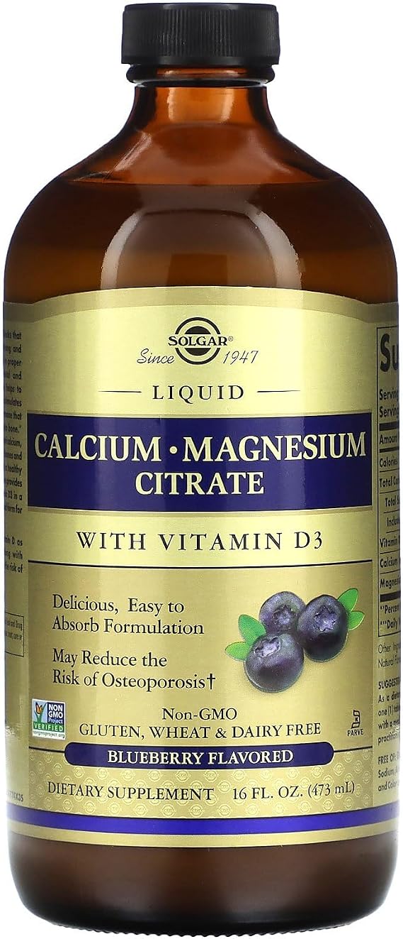 Solgar Liquid Calcium Magnesium Citrate with Vitamin D3 NAT Blue, 16 FZ