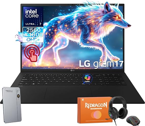 LG Gram 17 Touchscreen Laptop Business PC, Intel Ultra 7 258V, 17 QHD+ 320 Nits, 32 GB LPDDR5X 8533MT/s, 1 TB SSD, Wi-Fi 7, Windows 11 Pro, W/REDRAGON Headphones & Mouse, RECOLX AI Voice Recorder