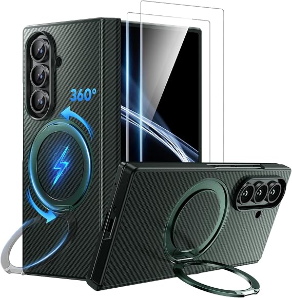 WSKEN for Samsung Galaxy Z Fold 7 Case with 360 Magnetic Stand - Military Grade Shockproof Case with 2 X Screen Protector, Compatible with MagSafe, Carbon Fiber Texture Design for Z Fold 7 Green