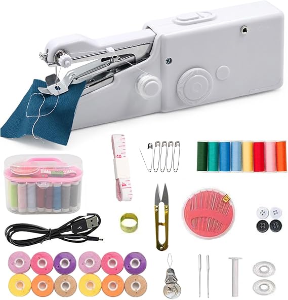 Sewing Machine Handheld Sewing Machine Portable Sewing Machines with Multiple Accessories,for Clothing,Curtains Fabrics Easy Fast StitchTravel DIY Family Essentials (White)