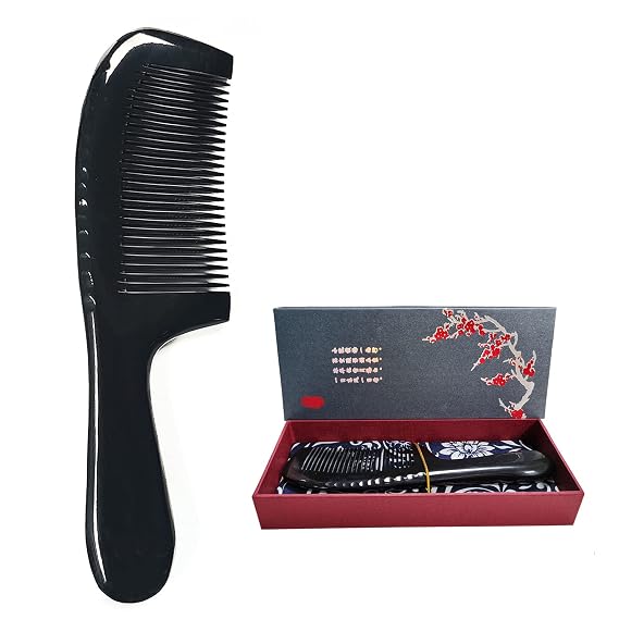 Natural 7.5inch Black Buffalo Ox Horn Comb Handmade Premium Quality Anti-Static Full-tooth Horn Comb Portable Bag Massage Hair Comb(1Pcs)