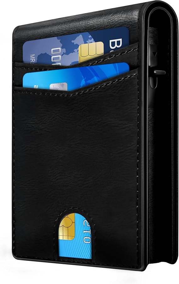 QLD Wallet for Men - RFID Blocking [Functional & Practical] Bifold Slim Minimalist Credit Card Holder Pop Up Metal Case with Cash Slot, Front Pocket with ID Window, Gift Boxed (BLACK)