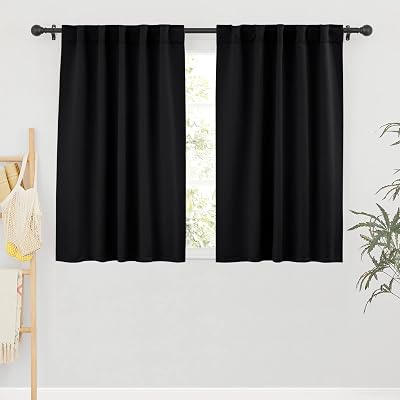 RYB HOME Short Bedroom Blackout Curtains - Small Window Treatment Set Energy Saving Thermal Insulated Drapes for Living RoomNurseryKitchen, 42-inch Wide x 45-inch Long, Black, 2 Panels